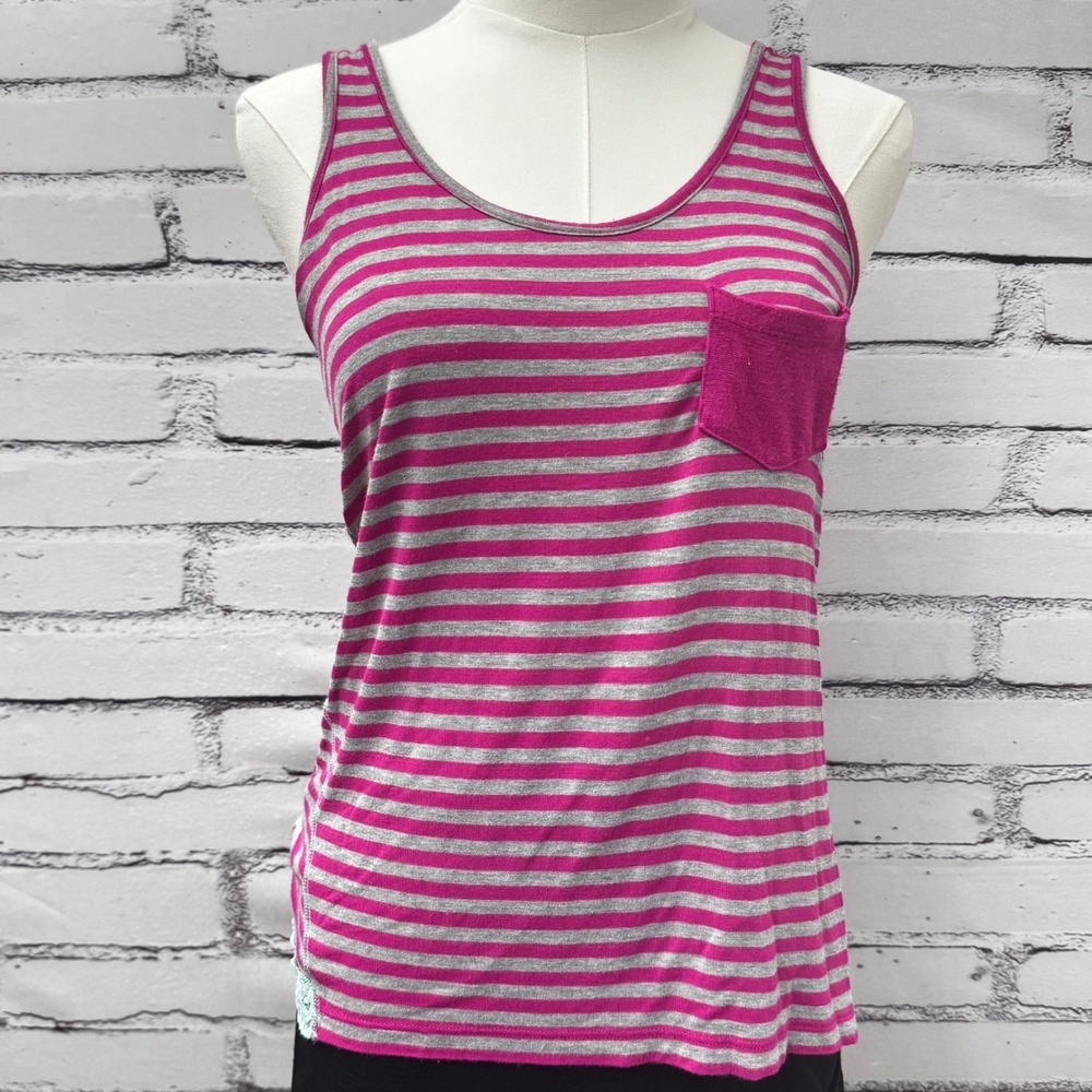 Honeydew Pink Grey Striped Y2K Racerback‎ Tank Top Lace Trim Pocket Womens M
